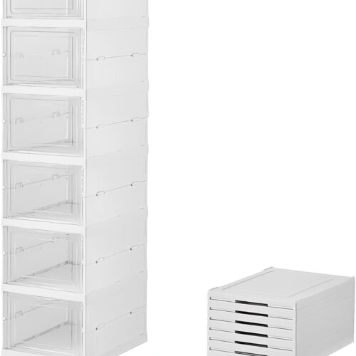 Plastic Shoe Organizer - Stackable and Foldable 6-Tier Shoe Boxes for Closet, Clear and Space-Saving Sneaker Containers, No Assembly Required