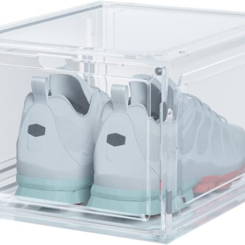 Size 14 Shoe Boxes Clear Plastic Stackable, Sneaker Containers Magnetic Shoes Storage Box Foldable Drop Front Organizer Shoes Cases for Home Display Bins 1 Pack (14.2"x 11"x 7.9")