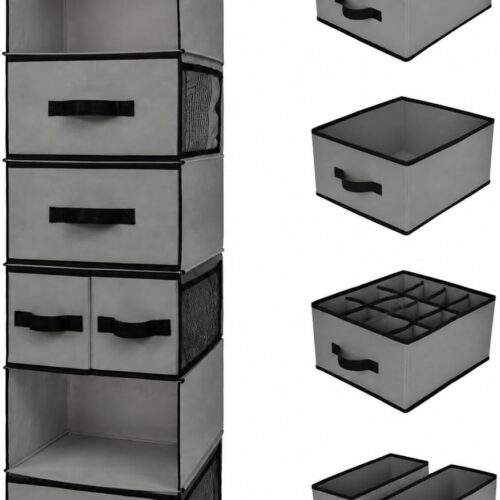 Hanging Closet Organizer 6 Shelves, Closet Organizers and Storage with 5 Drawers, 6 Side Pockets Closet Hanging Organizer, Hanging Storage Organizer for Closet, Baby Clothes, Gray
