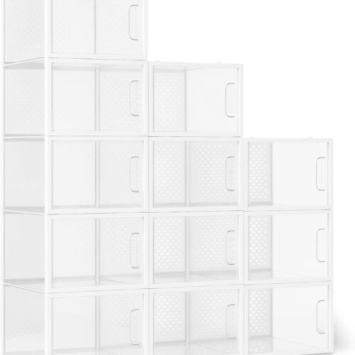 Stackable and Foldable Clear Shoe Storage Organizer Box, Large, 12-Pack