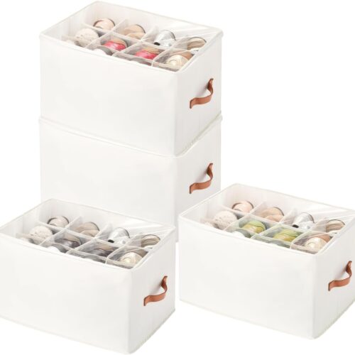 4 Pack Shoe Organizer for Closet - with Transparent Cover and Sturdy Handles shoe storage - Foldable Shoe Storage Containers Fits to 36-48 Pairs 4 Pack (Beige)