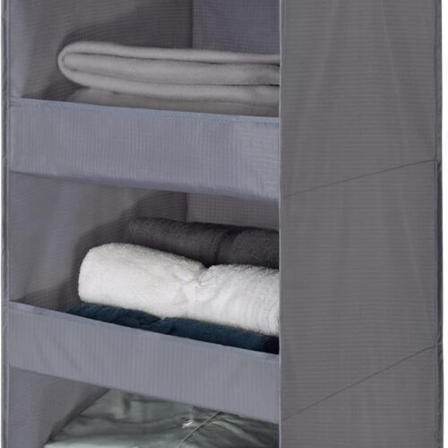 3-Shelf Hanging Closet Organizer and Storage, Collapsible Hanging Closet Shelves, Hanging Organizer for Closet & RV, Gray, 29 " H X 12" W X 12" D, 1-Pack