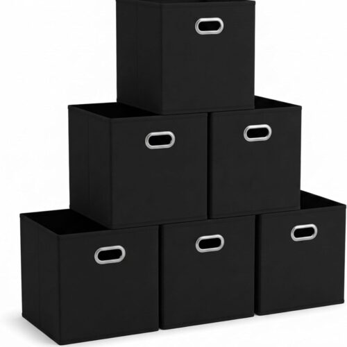 Foldable Fabric Storage Bins 6 Piece Set, Strong Poly-Woven Fabric, Sturdy Chipboard Sides, Grommet Front Handle, Stackable, Classic Design, Black