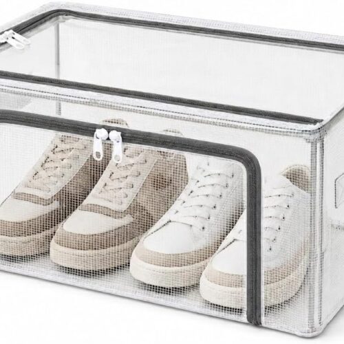 25L Under-Bed Storage Box Transparent PVC Storage Boxes with Lids, Foldable Storage Box Waterproof Zipper Clothes Storage Box Wardrobe Storage Organiser for Storing Clothes Shoes Bedding Toys