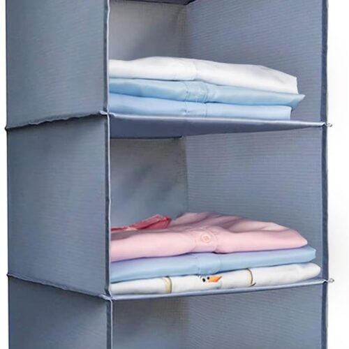 Hanging Closet Organizer 3-Shelf, Oxford Fabric Wardrobe Storage, Gray | Easy-mount foldable design holds clothes, handbags, shoes & accessories; washable Oxford fabric, sturdy and space-saving.