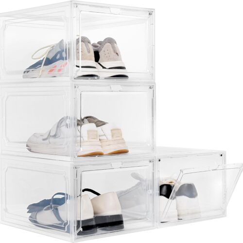 Shoe Box, Set of 4, Stackable Plastic Clear Organizer with Lids, | Thicken Sturdy, Easy Assembly, Wardrobe , Fit up to US Size 12, Shoebox Containers, Front Open, Closet, Magnetic Door,
