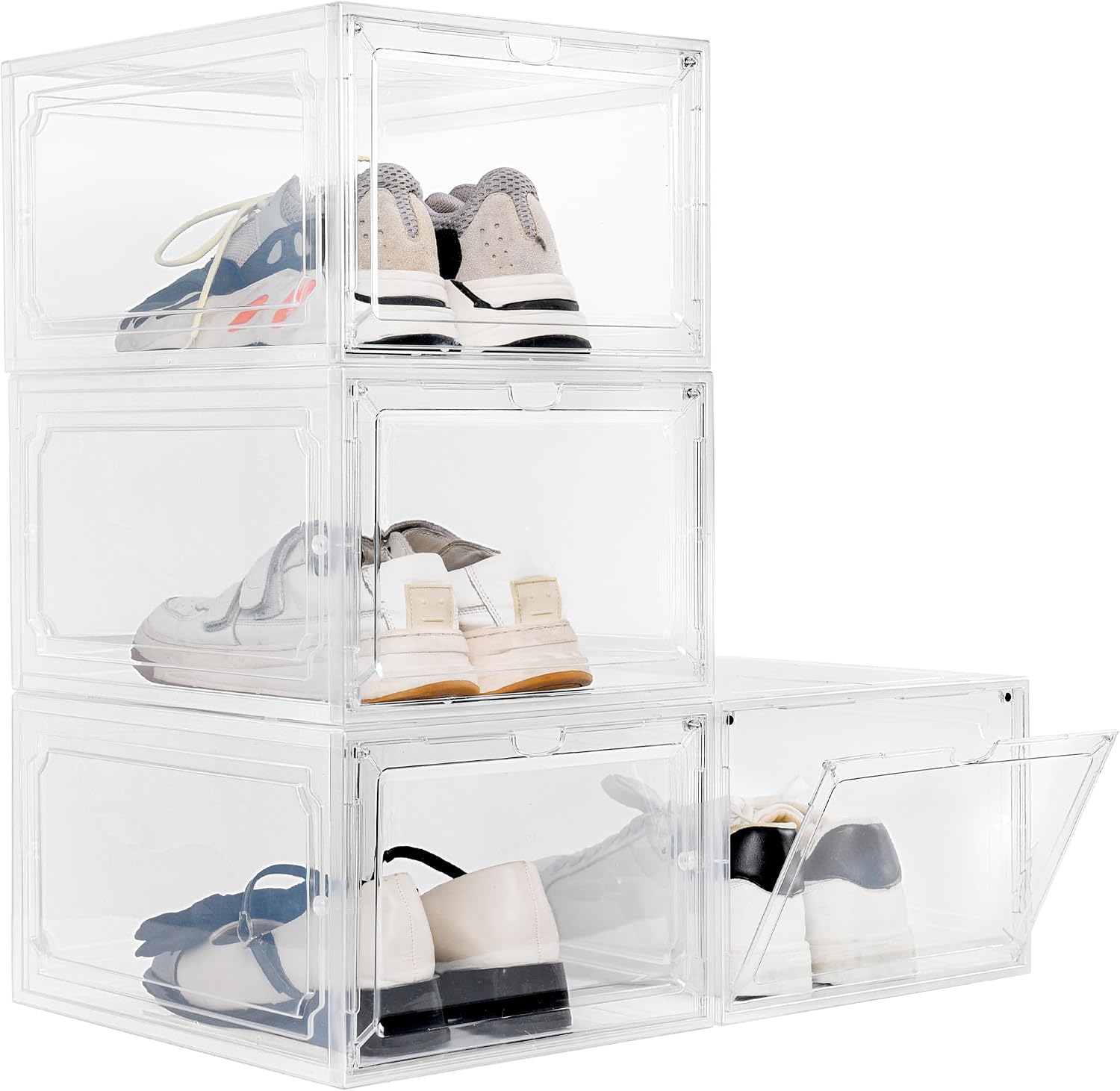 Shoe Box, Set of 4, Stackable Plastic Clear Organizer with Lids, | Thicken Sturdy, Easy Assembly, Wardrobe , Fit up to US Size 12, Shoebox Containers, Front Open, Closet, Magnetic Door,