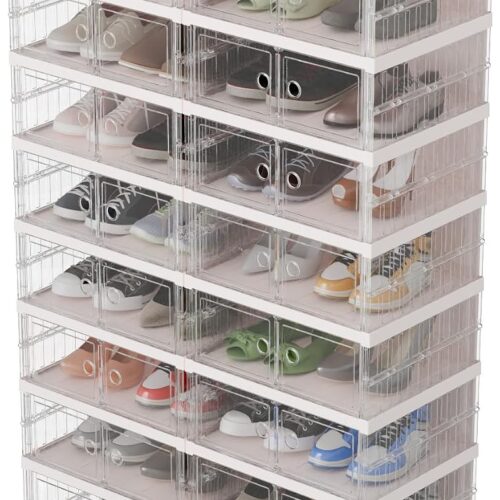 9 Tiers -18 Pairs Foldable Shoe Rack with Wheels, Large Shoes Cabinet, Easy Assembly Shoe Box with Magnetic Doors, Shoe Cabinet for Entryway, Bedroom (Transparent, B - 9 Tiers 36 Pairs)