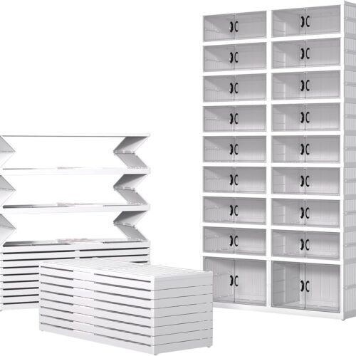 9 Tiers 36 Pairs Foldable Shoe Rack Organizer, Plastic Collapsible Shoe Shelf, Folding Shoe Box Storage Cabinet with Magnetic Clear Door Easy Assembly
