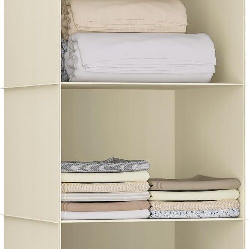 Hanging Closet Organizer 3-Shelf, Oxford Fabric Wardrobe Storage, Beige | Easy-mount foldable design holds clothes, handbags, shoes & accessories; washable Oxford fabric, sturdy and space-saving.