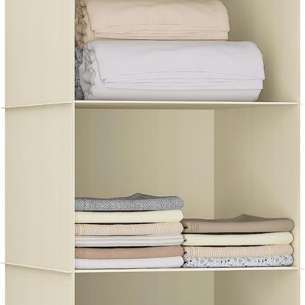 Hanging Closet Organizer 3-Shelf, Oxford Fabric Wardrobe Storage, Beige | Easy-mount foldable design holds clothes, handbags, shoes & accessories; washable Oxford fabric, sturdy and space-saving.