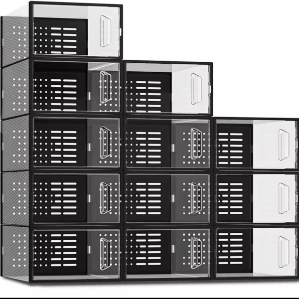 Stackable Shoe Storage Boxes, Clear Front Drop Door, Foldable Plastic Organizer with Ventilation, 12 Pack