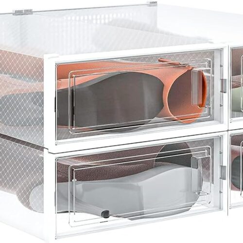 4-Piece Extra Large Boot and Shoe Storage Boxes, Stackable Clear Plastic Shoe Organizer, Space-Saving Shoe Boxes for Boots, Sneakers, and High Heels, Clear