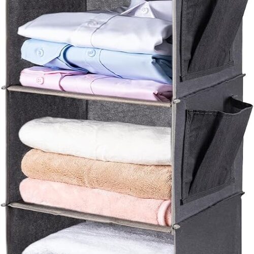 Hanging Closet Organize and Shelves??5-Hanging Shelf with 2 Side Pockets??Storage Foldable ??Grey??