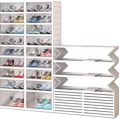 Foldable Shoe Rack, Transparent Shoe Boxes with Magnetic Double Doors, Shoe Organizer Storage for Entryway/Bedroom/Cloakroom, Large Shoe Cabinet with Hidden Bottom Roller 9 Tiers 4 Row ()