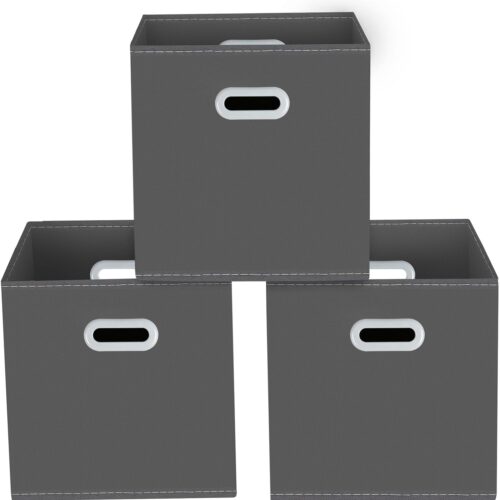 storage bins Cubes, Fabric Cube Organizer with Handle, Foldable Cube Bins for Cloth or Accessary Storage, 11x11x11, Set of 3,(Gray)