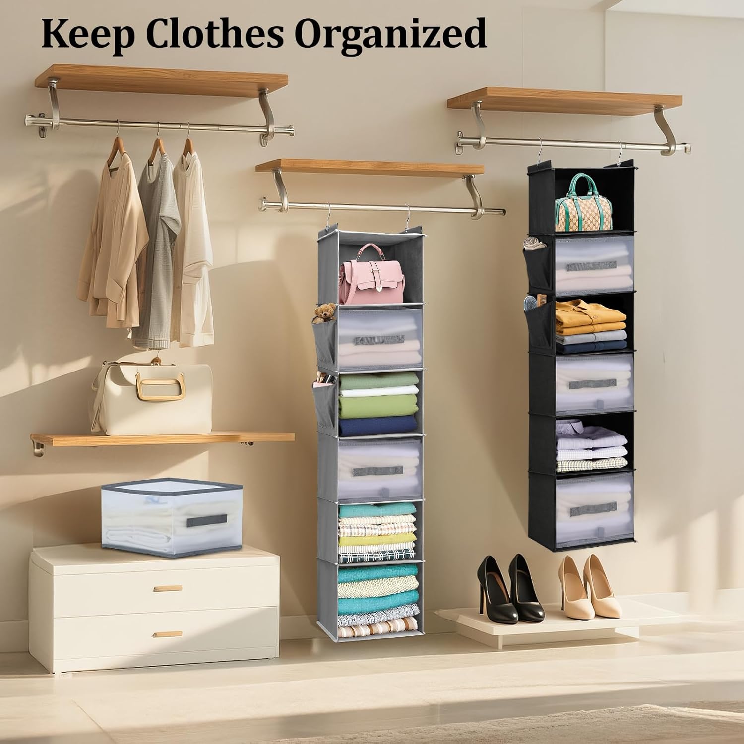 Hanging Closet Organizer and Storage,6-Shelf Closet Hanging Storage Shelves with 3 Drawers,Hanging Camping & Dorm Clothes Organizer, Grey - Image 2