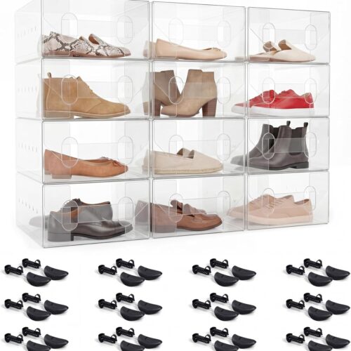 24 Pcs Shoes Storage Set Plastic, 12 Clear Stackable Shoe Boxes & 12 Adjustable Shoe Trees, 12" x 7.5" x 3.74" Foldable Shoes Boxes Stackable Ventilated for Flats Sneakers