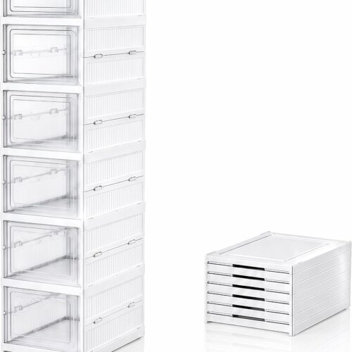No Assembly Collapsible Shoe Storage, 6-Tier Clear Plastic Shoe Boxes Stackable, Foldable Shoe Storage Organizer with Transparent Doors, Space Saving Shoe Containers for Sneakers, Boots, Ties