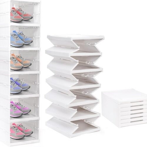 Foldable Shoe Rack Organizer, 6-Tier Shoe Storage Box Collapsible Plastic Shoe Shelf Clear Shoe Boxes with Doors, Stackable Shoe Storage Bins Shoe Organizer for Entryway Closet