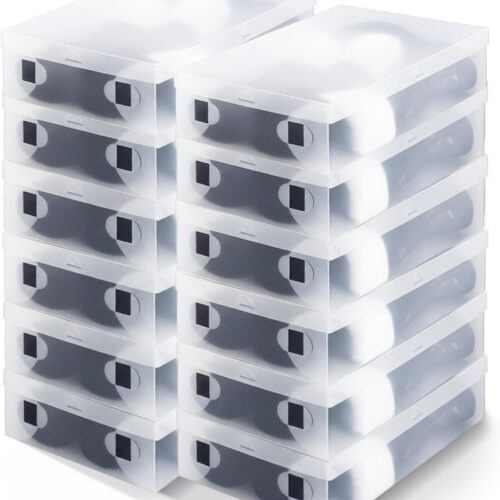 12 Pack Large Boot Storage Boxes with Lids for Tall Boots 20.5" x 11.8" x 4.5" Stackable Clear Plastic Shoe Organizer Container Space-saving Shoe Storage Box for Sneakers and High Heels