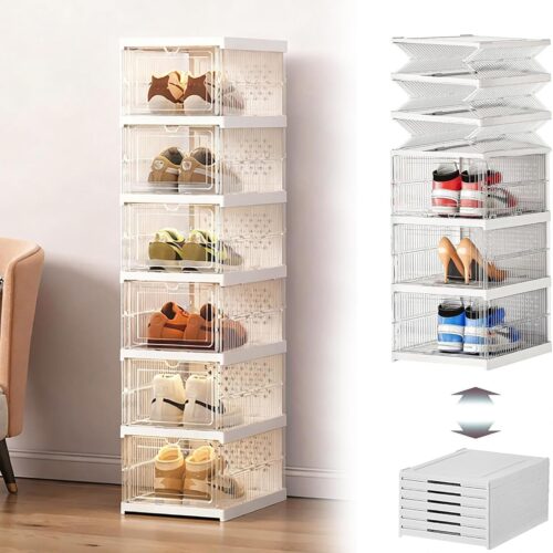 Clear Stackable Shoe Storage Box,No Assembly,6-Tier Foldable Shoe Storage Bins with Lids,Transparent Free Standing Plastic Dustproof Shoe Containers Bins for Men and Women (Maximum Size 14)