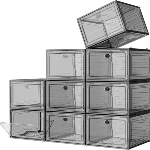 Large Clear Shoe Boxes Organizer??Thicker Material?? Stronger Shoe Box with Magnetic Door, Stackable Shoe Storage Box for Closet, Foldable Space-Saving Storage Bins Shoe Cabinet, Black 9-Pack