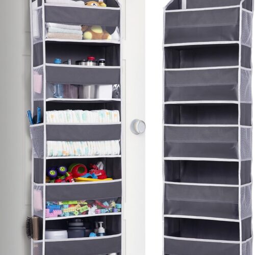 1 Pack Over Door Organizer with 5 Large and 10 Mesh Side Pockets, 44 lbs Weight Capacity Hanging Storage with Clear Window Kids Toys, Shoes, Diapers, Dark Grey, 5 Layers