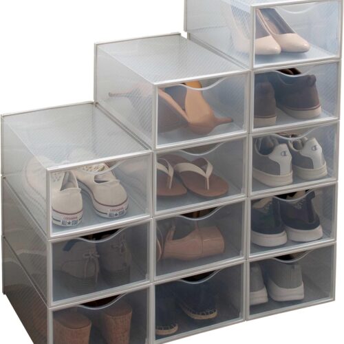 Set of 12 Stackable Shoe Boxes | Customizable | Fits Size 11 Shoes | Drop Front Design | Closet Storage | Sneakers | Heels | Clear and