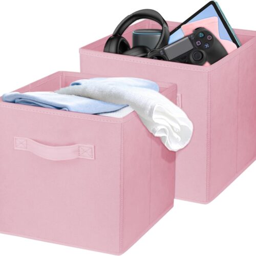 2 Pcs Storage Cubes, 10.5 Inch Collapsible Storage Bins, Fabric Foldable Bins for Organization, Durable Storage Bins for Closet, Shelves, Offices (Pink)