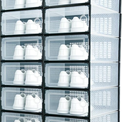 12 Pack Shoe Storage Boxes, Clear Plastic Stackable Shoe Organizer for Closet, Foldable Shoe Rack with Lids for Entryway, Closet, Under Bed, Black (13 x 9.1 x 5.5inches)