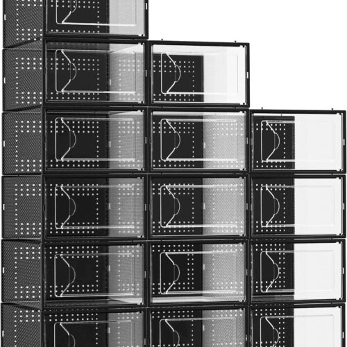 15 Pack Shoe Storage Organizer Box Container Clear Plastic Stackable | Interlocking Design, Sturdy Dustproof Breathable, Fits Men's Size 9 Women's Size 10, for Closet Entryway Under Bed