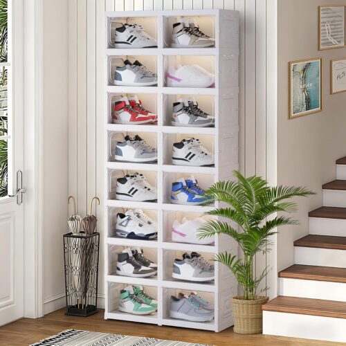 Shoe Box Foldable Storage Box Installation-free Clear Plastic Stackable Shoe Storage Cabinet Shoe Organizer Shoe Container Box with Lids Large Size Shoe Rack (8 Tiers 16 Pairs)
