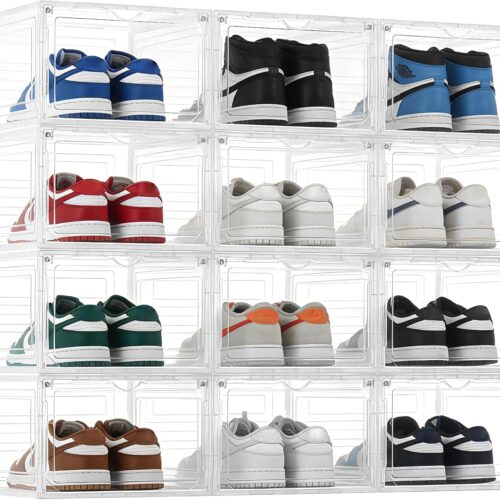 12 Pack Large Clear Shoe Storage Organizer Boxes with Lids, Thick Plastic Stackable Foldable Shoe Containers, Space Saving for Closet, Sneakers, Boots, Heels