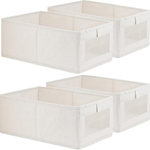 4 Pack Linen Storage Bins, Storage Containers for Organizing Clothing, Jeans, Toys, Books, Shelves, Closet, Wardrobe - Closet Organizers and Storage, Large Storage Boxes Baskets with Window