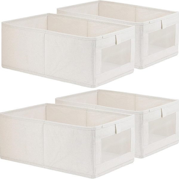 4 Pack Linen Storage Bins, Storage Containers for Organizing Clothing, Jeans, Toys, Books, Shelves, Closet, Wardrobe - Closet Organizers and Storage, Large Storage Boxes Baskets with Window