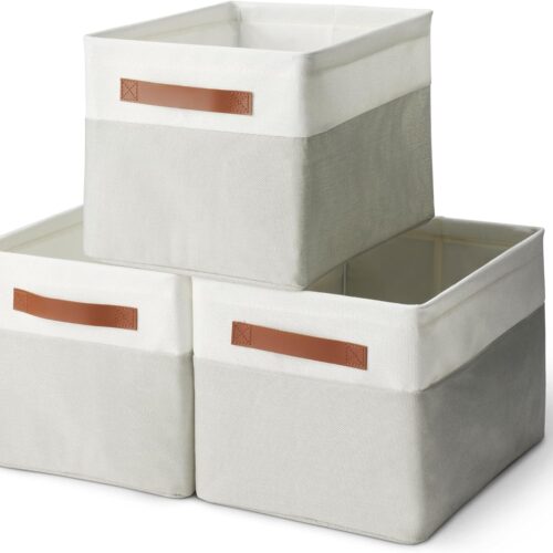 Collapsible Storage Bins with Faux Leather Handles, Foldable Organizing Containers for Closet, Clothes, Toys, Linen, Large, 3-Pack