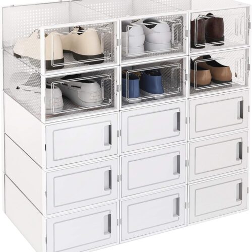 15 Pack Foldable Clear Plastic Stackable Storage Shoe Box Storage Sneaker Containers Storage Bins Shoe Storage Organizer Drawer Fit to Men US Size 9