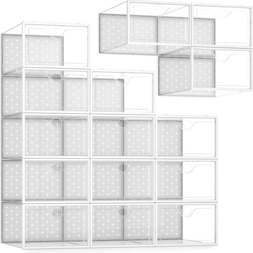 15 Pack X-Large Shoe Storage Boxes Fit US Size 11, Shoe Organizer for Closet Clear Plastic Stackable Shoe Dispaly Case Holder Bins, Sneaker Storage for Sneakerheads for Home and Family