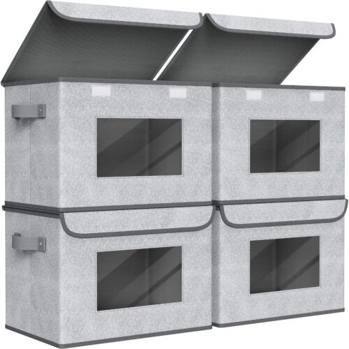 Fabric Foldable Storage Boxes [4-Pack] Large Collapsible Stackable Storage Bins with Lids, Closet Organizers and Storage Cube Basket for Home, Office, Bedroom (Gray, 17?? x 12?? x 12")