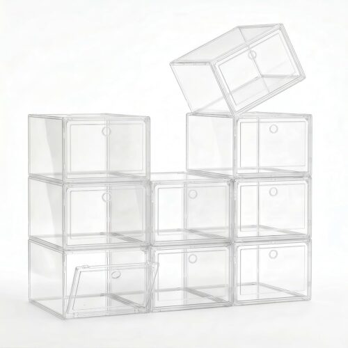 Clear Stackable Shoe Boxes 9 Pack, Foldable Magnetic Door Shoe Storage Containers, Thick Sturdy Shoe Organizer Bins for Household Closet and Small Space
