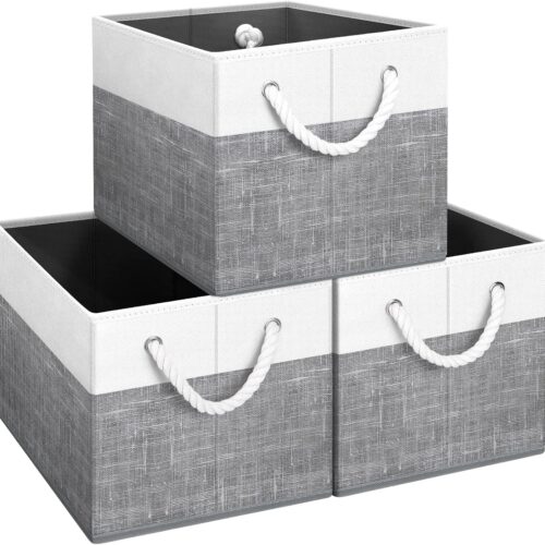 Storage Bins 3-Pack, Foldable Storage Baskets for Organizing Toys, Books, Shelves, Closet, Large Storage Box with Rope Handles, Sturdy Organizer Bins, White & Grey