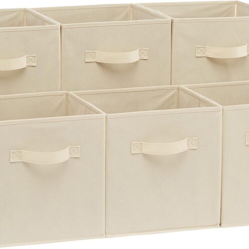 Collapsible Fabric Storage Cubes Organizer with Handles, Sturdy Storage Bins for Organization, 10.5" x 10.5" x 11", Beige, 6-Pack