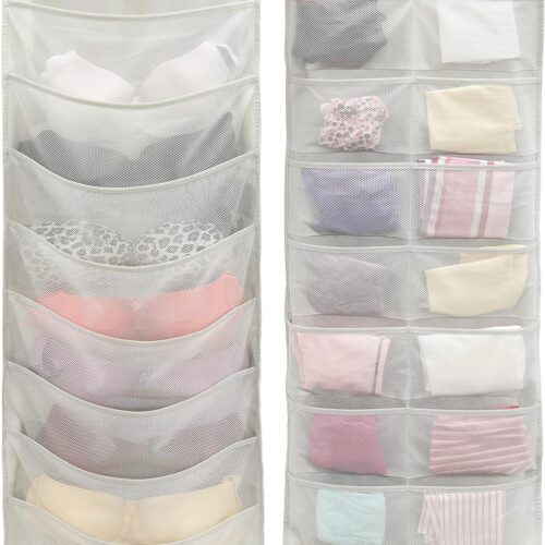 Double-Sided Hanging Closet Organizer, 24-Pocket Bra & Underwear Storage with Rotating Hanger, Mesh Fabric, Gray, 1 Pack
