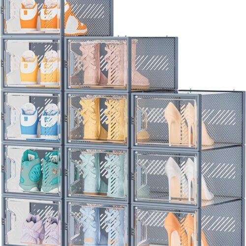 Shoe Storage, 12 Pack X-Large Shoe Organizer for Closet, Shoe Boxes Clear Plastic Stackable Shoe Storage Boxes for Size 13