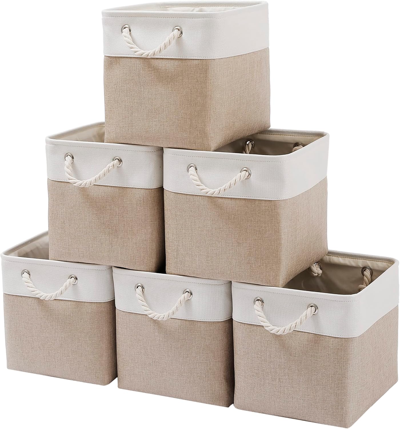 91P-TMNHX7L._AC_SL1500_.jpg 11 x 11 Inch Cube Storage Bins, 6 Pack Large Collapsible Fabric Storage Bin with Ropes, Foldable Storage Cubes for Home, Office,Closet, Clothes, Toys Organizer (White & Beige-11"x11"x11") - Image 1