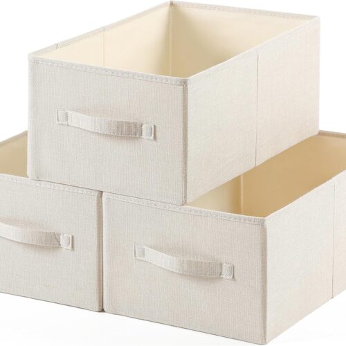 Linen Folding Storage Bins, 3 Pack Large Storage Baskets, Washable, Clothing Storage Bins with Handle, Closet Organizer for Storage Sweater,Sheets(Beige, 18"x11 x8)