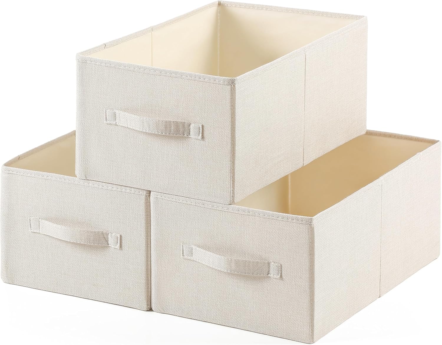 91PBea8N1L._AC_SL1500_.jpg Linen Folding Storage Bins, 3 Pack Large Storage Baskets, Washable, Clothing Storage Bins with Handle, Closet Organizer for Storage Sweater,Sheets(Beige, 18?"x11 x8?) - Image 1