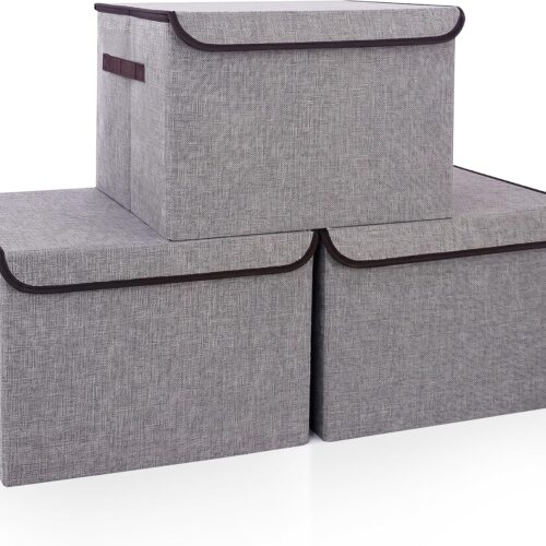 Large 17" 42 Quarts Collapsible Stackable Storage Bins with Lids [3-Pack] Foldable Fabric Linen Storage Boxes Cube, Closet Organizer Baskets with Label for Home (16.7 x 12 x 12, Gray)